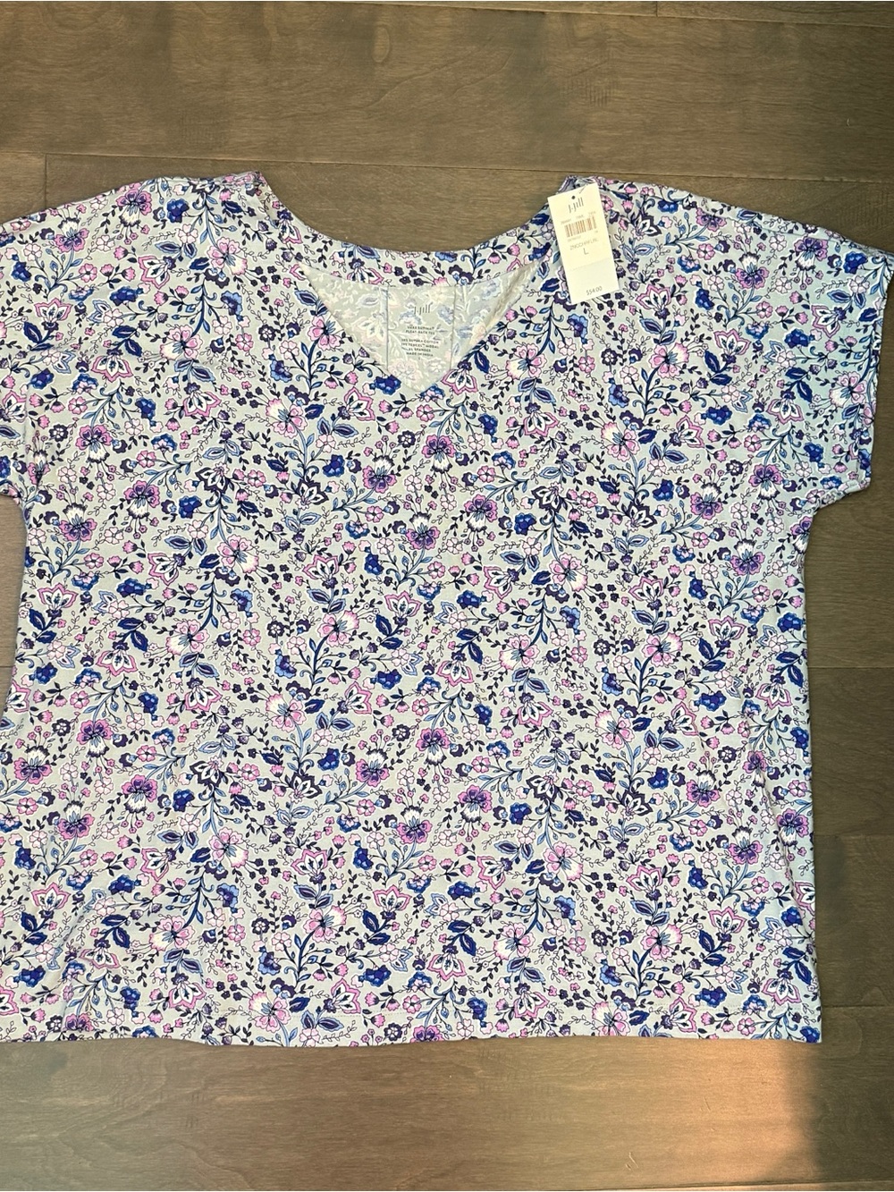 NWT J. Jill Floral Luxe Supima Pleated Back Tee V-Neck Top Pink Blue Purple L